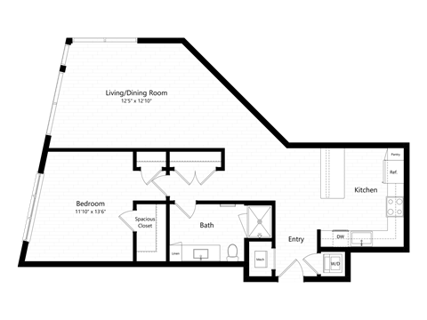 Floor plan for 1 bed, 1 bath, 988 sqft